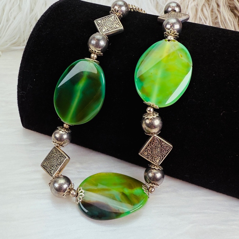 Bohemian chic Green and Silvertone statement Necklace